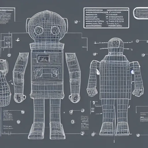 Image similar to Robot Elon Musk schematics, blueprints, 3d wireframe