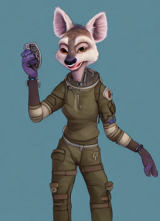 Image similar to digital detailed full body of anthromorphic female hyena, in style of zootopia, zootopia, zootopia, fursona, furry, furaffinity, 4 k, deviantart, furry art, fursona art, wearing astronaut outfit, in style of zootopia, hyena fursona, cyberpunk, female, detailed feminine face,