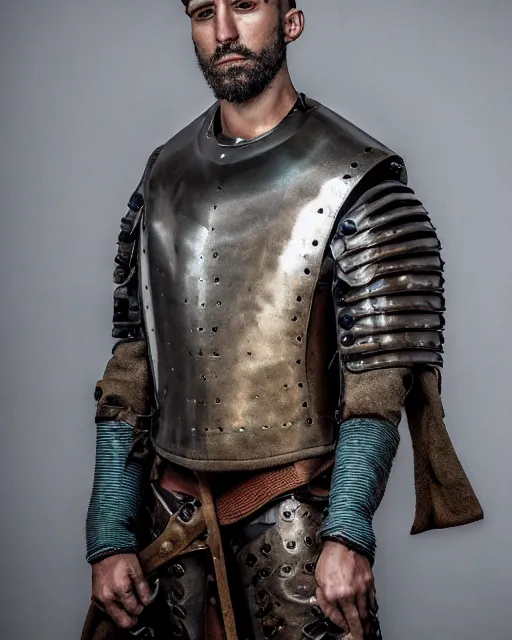 Image similar to an award - winning photo of a ancient male model wearing a plain baggy teal distressed medieval designer menswear cloth jacket slightly inspired by medieval armour designed by kanye west, 4 k, studio lighting, wide angle lens