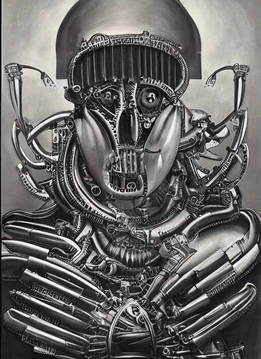 Prompt: a portrait of a mechanical president in the oval office, by h. r. giger, masterpiece, sharp focus, cinematic lightning