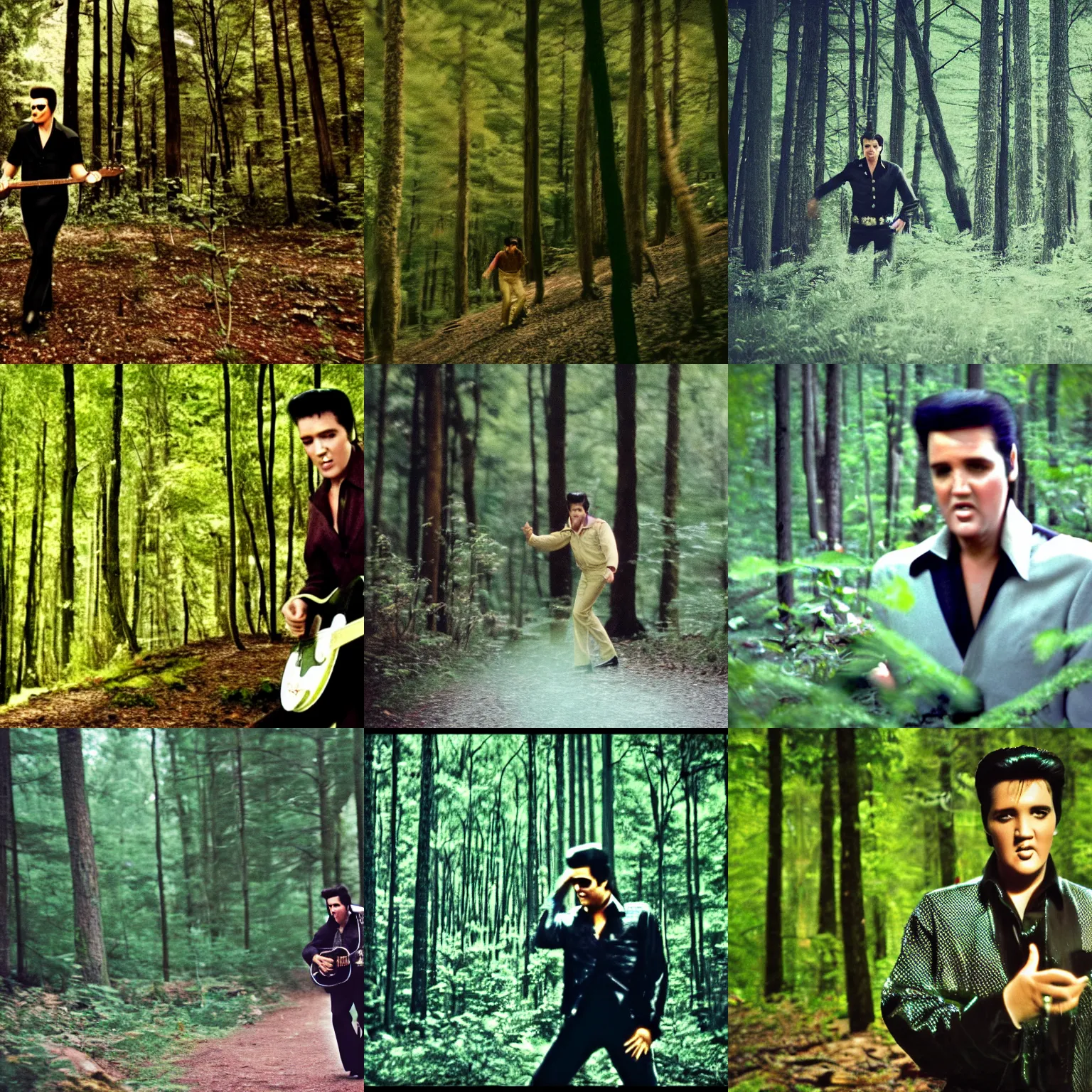 Prompt: Elvis Presley in a forest, gorpro footage, grainy, motion blur