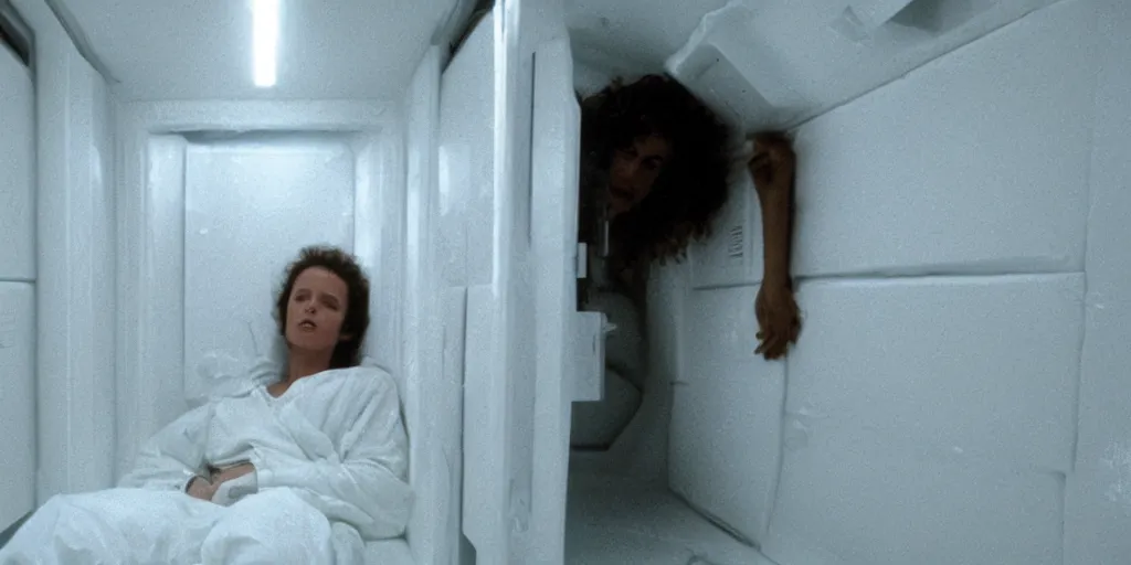 Image similar to a wide shot of Ripley sleeping inside an all-white room of cryogenic sleep chambers by Ridley Scott, Alien movie, grainy, bluish and cream tones