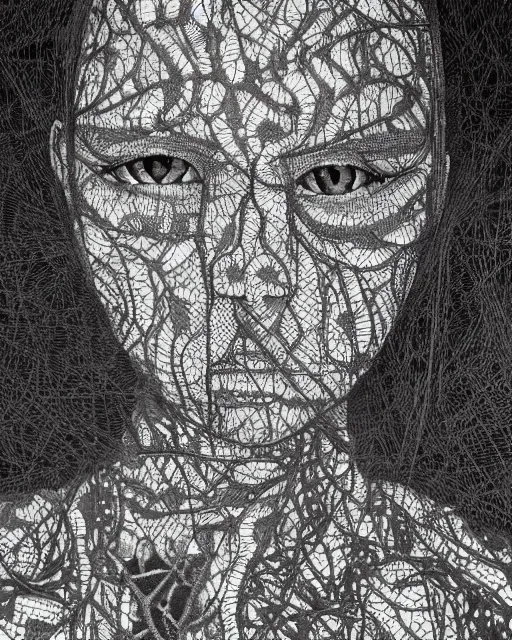 Prompt: close up of a woman's face, made of intricate decorative lace leaf skeleton, in the style of the dutch masters and gregory crewdson, dark and moody