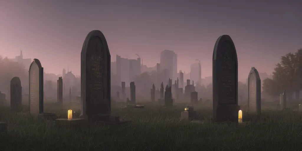 Prompt: large glowing glass cyberpunk tombstone containercasket preserving body of last human female queen inside futuristic gothic sci - fi graveyard terrarium cemetery, serene morning mist, pastel sunrise, volumetric lighting, octane render | by william - adolphe bouguereau, gerald brom, gustave dore, beeple