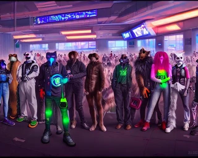 Image similar to high - resolution photograph from a cyberpunk era furry fandom convention ( midwest furfest 2 0 4 7 ), taking place after the genetic revolution and singularity. photorealistic.