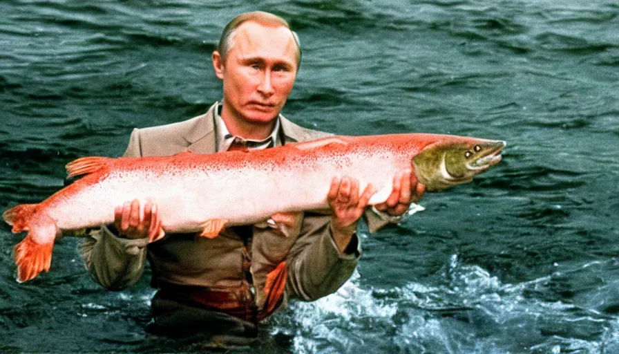 Prompt: 7 0 s movie still of putin catching a salmon with his hands, cinestill 8 0 0 t _ 3 5 mm eastmancolor, heavy grain, high quality, high detail