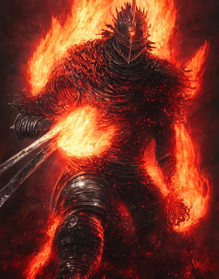 Image similar to illustration of the soul of cinder from Dark Souls 3 (a warrior in heavy iron armor that burns with eternal flame) wielding a burning sword, dark souls 3 artwork, art by greg rutkowski, art by craig mullins, art by Masanori Warugai, art by Yoshitaka Amano