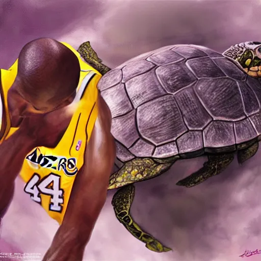 Image similar to kobe bryant kissing a giant turtle in heaven, hyper realistic, side view, digital art, amazing detail, artstatiom, cgsociety, epic art