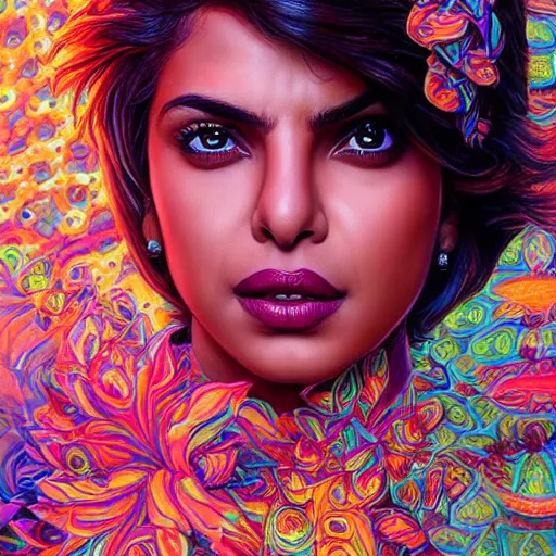 Image similar to portrait of priyanka chopra, hyper detailed masterpiece, neon floral pattern, jean giraud, digital art painting, darkwave goth aesthetic, psychedelic, artgerm, donato giancola and tom bagshaw