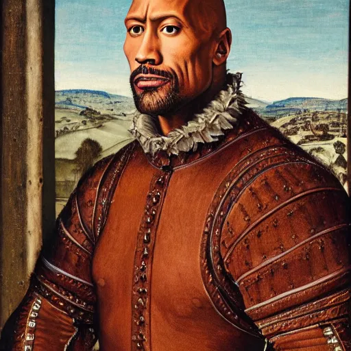 Image similar to a highly detailed portrait of dwayne johnson, wearing elegant tudor clothes, inside a room with thick red tapestries, oil painting by hans holbein and alessandro allori and richard burbage