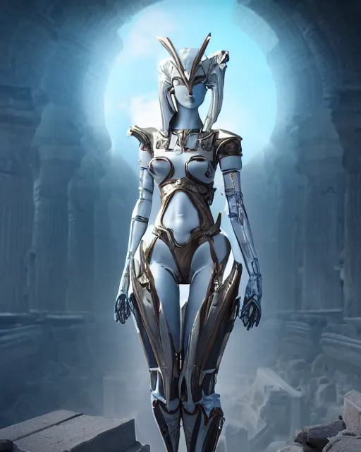 Prompt: android girl in egyptian ruins, warframe armor, white hair, atmosphere, glow, detailed, intricate, beautiful face, cinematic lighting, trending on artstation, blue eyes, 4 k, focused, extreme details, cinematic, masterpiece, by akihito tsukushi