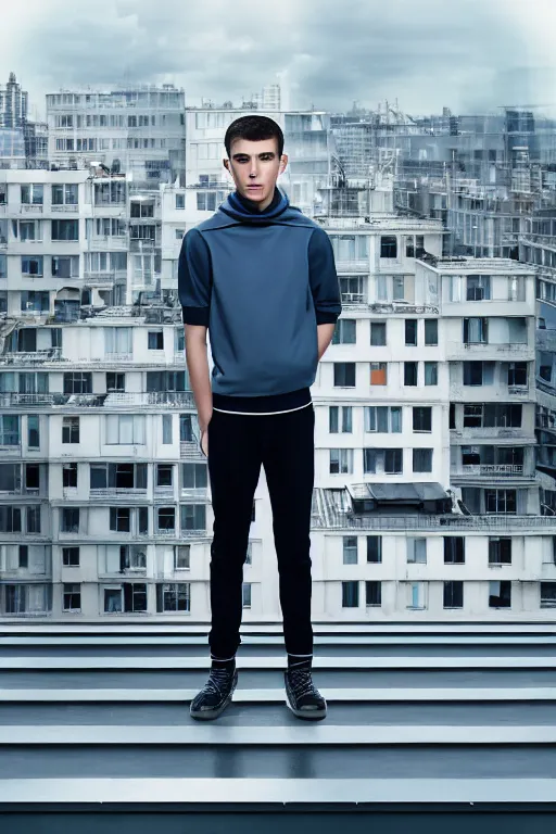 Image similar to un ultra high definition studio quality photographic art portrait of a young man standing on the rooftop of a british apartment building wearing soft padded silver pearlescent clothing. three point light. extremely detailed. golden ratio, ray tracing, volumetric light, shallow depth of field. set dressed.