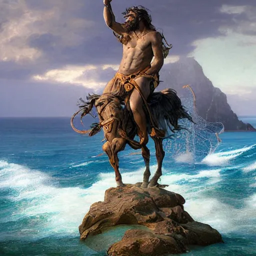 Image similar to a highly detailed tarot card of poseidon revealing himself, riding a horse out of the ocean woman sitting in the sand watching the ocean, epic fantasy, god rays, rocky beach, ultrawide lense, aerial photography, unreal engine, exquisite detail, 8 k, art by albert bierstadt and greg rutkowski and jeong seon