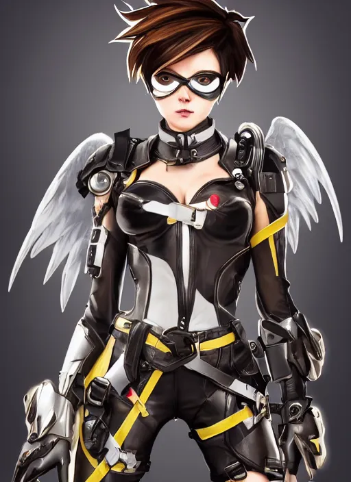 Prompt: full body of tracer overwatch, angel wings, dramatic painting, symmetrical composition, wearing detailed leather collar, black shiny armor, chains, black harness, detailed face and eyes,