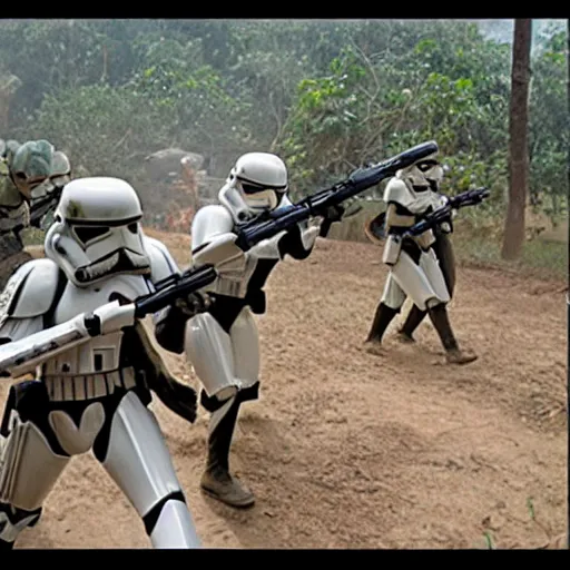 Image similar to star wars clone troopers combat soldiers in vietnam, photo, old picture, lush landscape, jungle, firearms, explosions, helicopters, aerial combat, active battle zone, flamethrower, air support, jedi, land mines, gunfire, violent, star destroyers, star wars lasers, sci - fi, jetpacks, agent orange, bomber planes, smoke, trench warfare