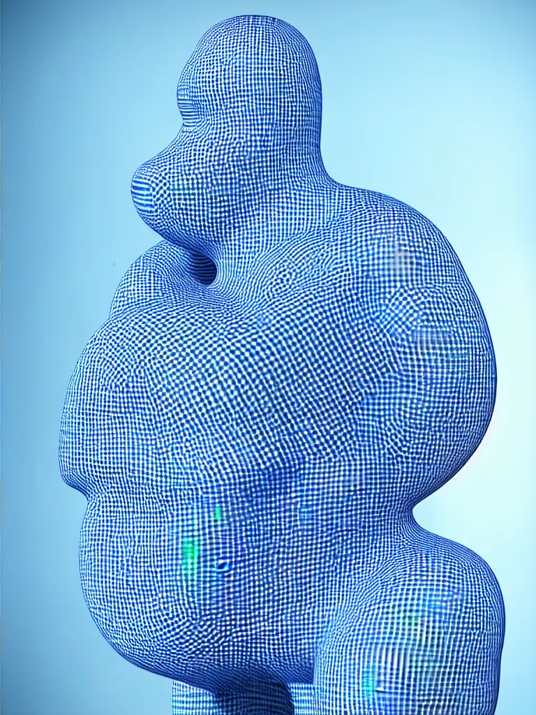 Image similar to a fine art photograph formal self sculpture by the artist kelbv, in distinct hyper realistic style with tubes neatly navigating the contours of his body, and fragmented body littered with light blue and white gingham spheroids, perfect bright studio lighting.