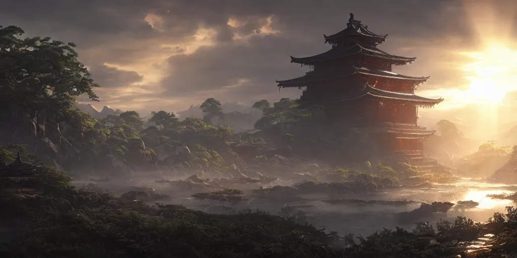 Prompt: an environmental concept art of ghost of tsushima, highly detailed, temple, god rays, environmental light, cinematic by francis tneh