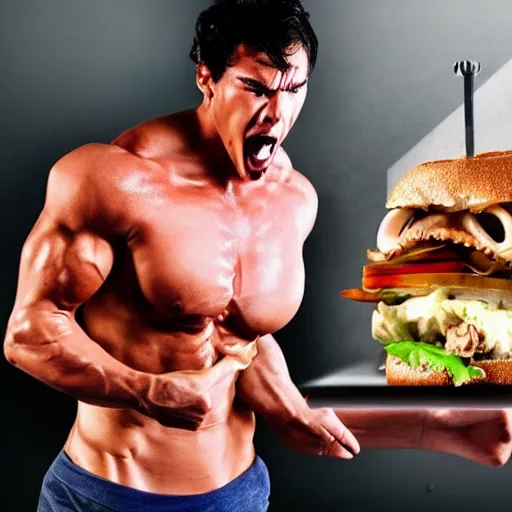 Image similar to a very vascular, sweaty body builder angrily eating a squid sandwich, while sitting at a table with a large squid on top.