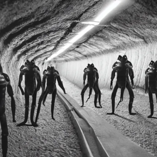 Image similar to cinematic photo of humans wearing realistic ant costumes in an underground unfinished dirt tunnel. several tunnel exits lead off in different directions. directed by david lynch. 3 5 mm film soft light, shadows, vhs copy film grain.