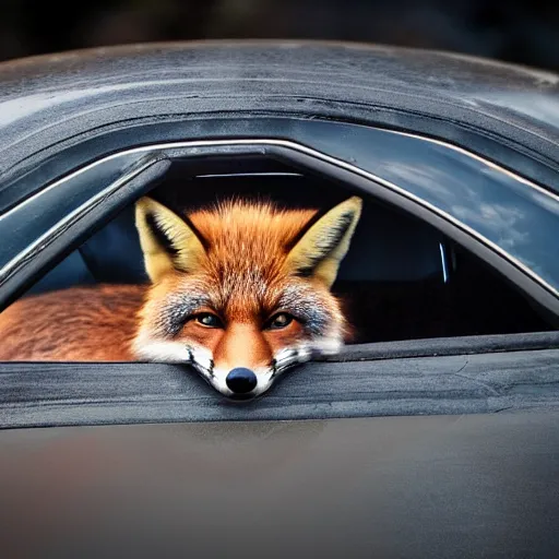 Image similar to curled up fox on a car's hood, award winning photography