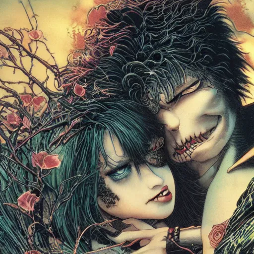 Image similar to closeup of vampire kiss, wax, by yoichi hatakenaka, masamune shirow, josan gonzales and dan mumford, ayami kojima, takato yamamoto, karol bak