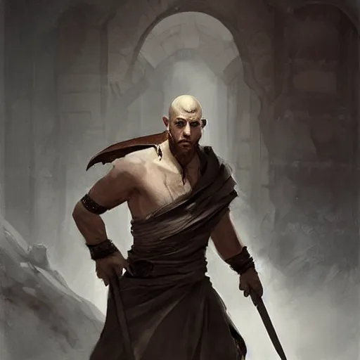 Prompt: a portrait of a dragonborn monk with draconic face and a black top - knot, in a plain simple cheap white monk's robe white robe, thrusting a long spear with a black tip before him, fantasy art by greg rutkowski