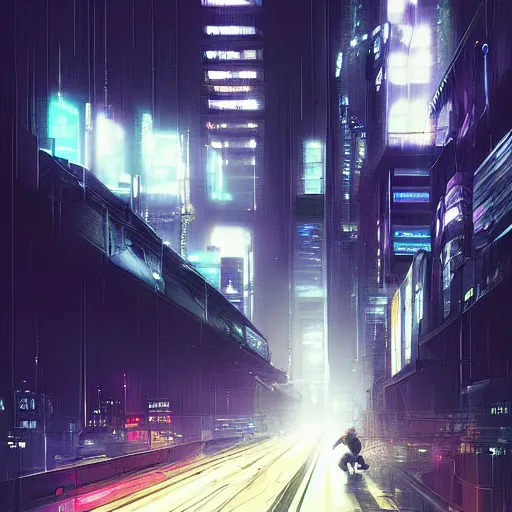 Image similar to street with motorbike speeding, cyberpunk, by stephan martiniere, night, foggy, detailed