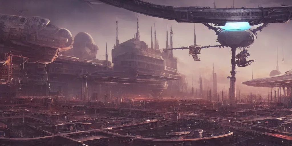 Image similar to alien spacecraft hovering over busy space port surrounded by alien robots, steel archways, industrial buildings, rusty metal towers, sun setting, ross tran, fantasy, james jean, cinematic lighting, digital painting, octane render