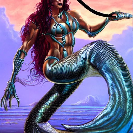 Image similar to mermaid cyborg with a laser whip, realistic, detailed, in the style of boris vallejo