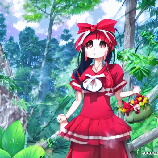 Prompt: a digital anime drawing of reimu in the jungle wearing bonnet