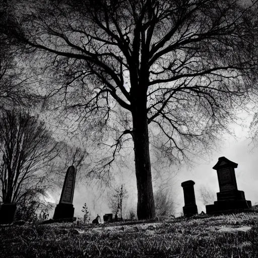 Prompt: haunted cemetery, dark, found footage, black and white, high resolution