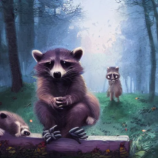 Image similar to Frank Dillane petting raccoons, digital painting, old english, whimsical background by marc simonetti, artwork by liam wong