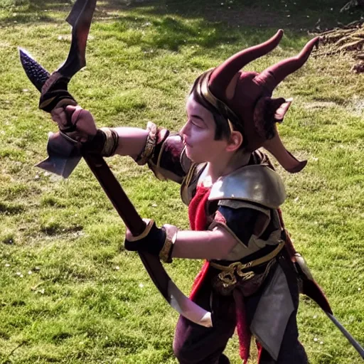 Image similar to a young teifling smiting their enemies with a sword, action shot, f 2. 8