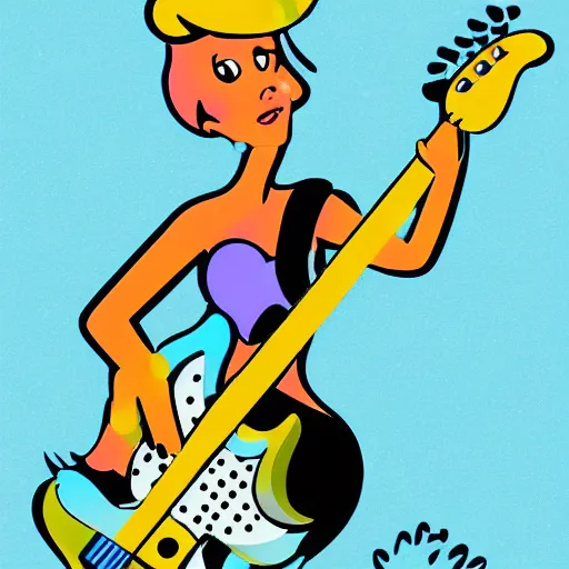 Prompt: illustration in the style of the jetsons of a mermaid playing an stratocaster electric guitar, 3 colour screen print