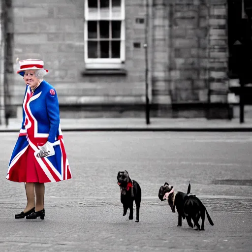 Image similar to photography portrait of queen elizabeth ii, queen of united kingdom, wearing a union jack dress and walking her dogs in the streets of london, photorealistic, canon r 3, photography, wide shot, symmetrical features, symmetrical pose, wide angle shot, head to toe, standing pose, feet on the ground