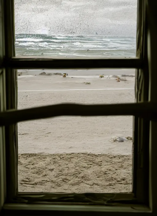 Prompt: looking out at a beach through a dirty window, photography