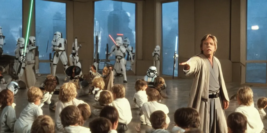 Prompt: A full color still of Mark Hamill as Jedi Master Luke Skywalker training a room full of young Jedi padawans, with large windows showing a sci-fi city outside, at dusk at golden hour, from Star Wars, directed by Steven Spielberg, 1990