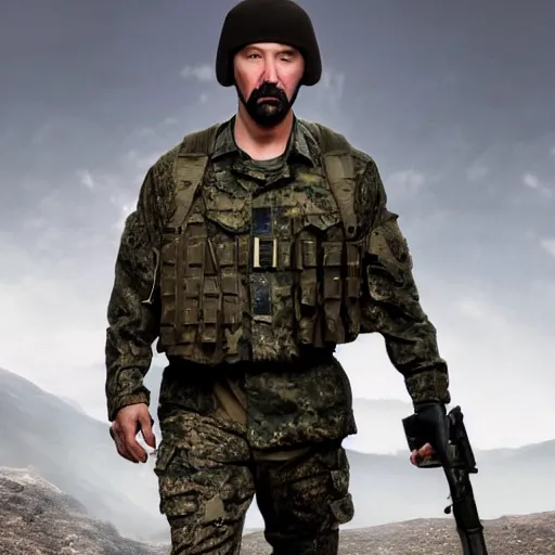 Prompt: keanu reeves wearing military outfit and camouflage cinematic photoshoot high quality highly affordable photo realistic 8 k hd