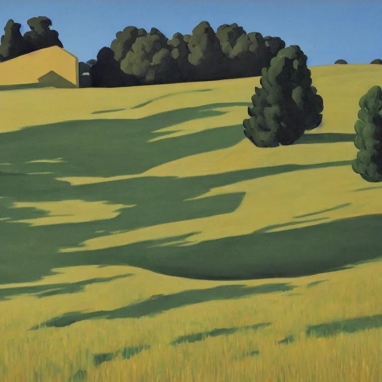 Image similar to dreaming rural landscape with architecture, painted by Alex Katz, painted by Edward Hopper, airbrush