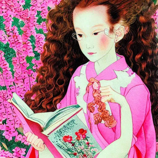 Image similar to beautiful little girl with long curly red hair dressed in a pink kimono and sitting next to a tree while reading a book, artwork made by ayami kojima, inspired in balthus, anatomically correct, higher details, realistic