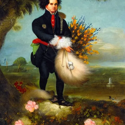 Prompt: a giant fluffy squirrel carrying napoleon bonaparte on its back, beach scene with flowers and foliage, detailed oil painting