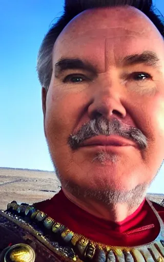 Prompt: Norm MacDonald wearing Mongolian armor, high angle, iPhone selfie