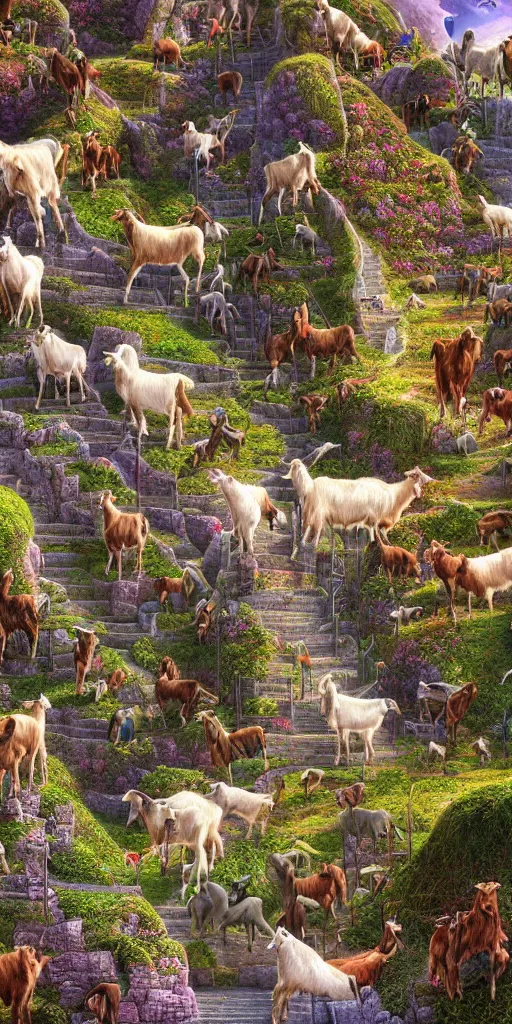 Image similar to a herd of goats! on stairs in a beautiful fantasy cathedral, epic, grandiose, many goats, magic, tall towers, gorgeous clouds, colorful, sunrays, digital painting, landscape, octane render, unreal engine, high detail, very realistic, by jacek yerka