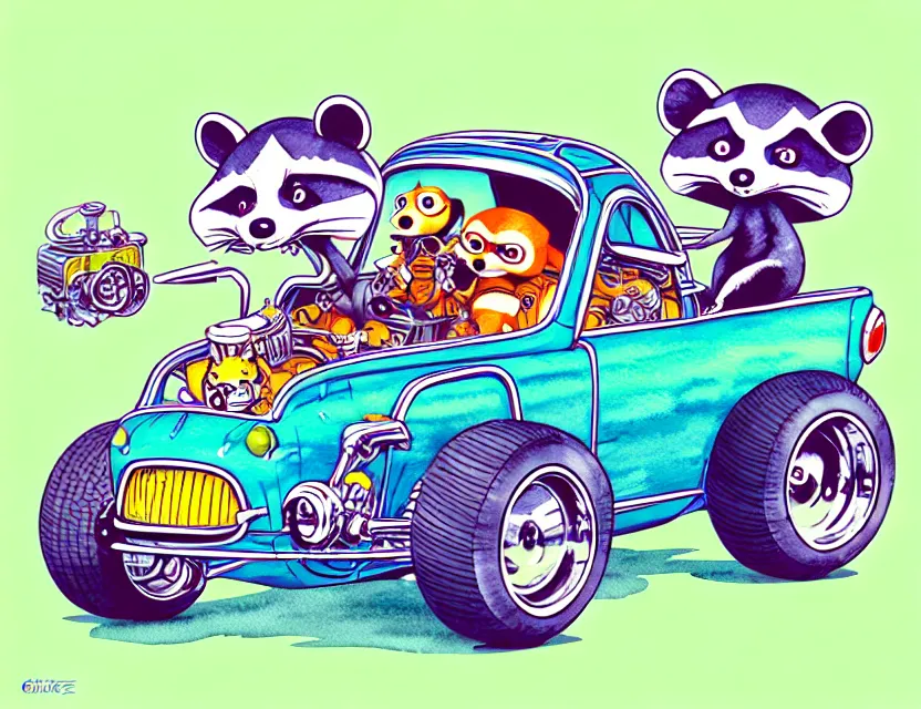 Image similar to cute and funny, racoon riding in a tiny hot rod with oversized engine, ratfink style by ed roth, centered award winning watercolor pen illustration, isometric illustration by chihiro iwasaki, edited by range murata, tiny details by artgerm and watercolor girl, symmetrically isometrically centered