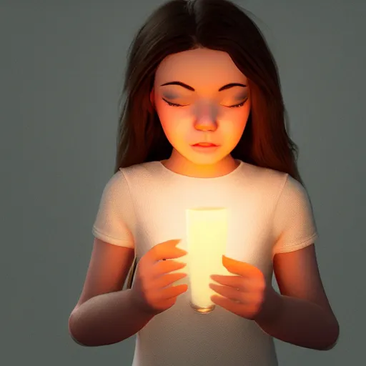 Prompt: A cute girl holding a glowing candle, fragile, soft, vray, hyperdetailed, 3d character, game character