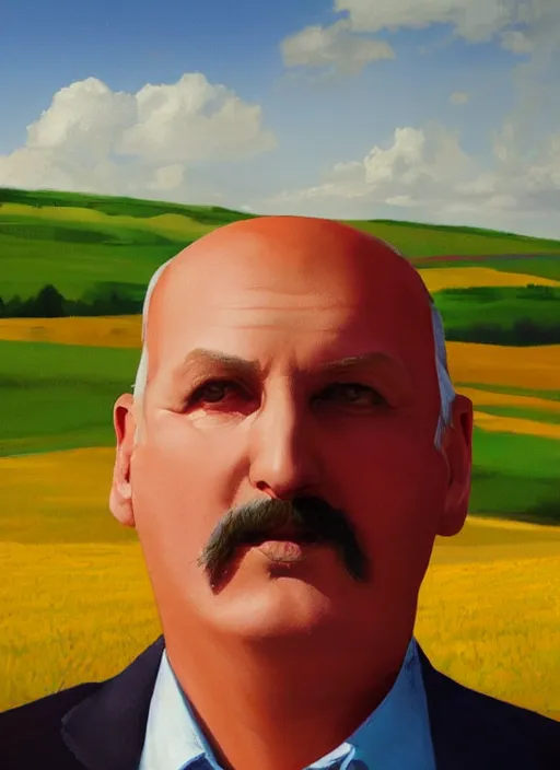 Image similar to digital portrait of a person looking like alexander lukashenko ruling tractor in fields, hot sun, photo realism