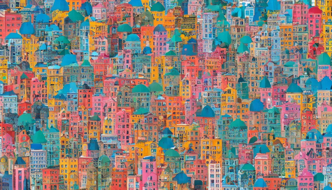 Prompt: A city designed by Wes Anderson, colorful, symmetrical, HD
