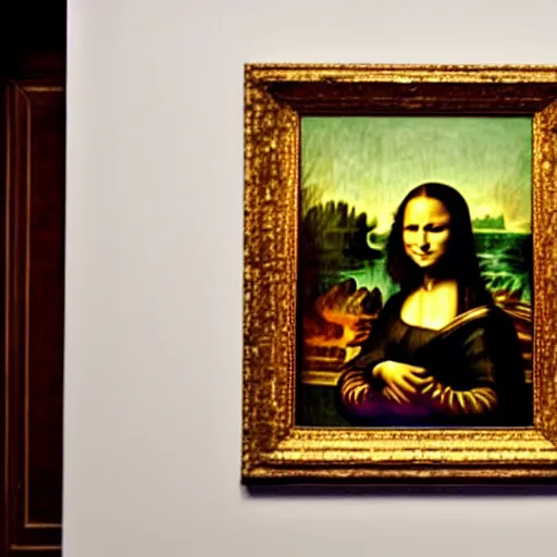 Prompt: a photo of the model in the Mona Lisa stepping out of the painting