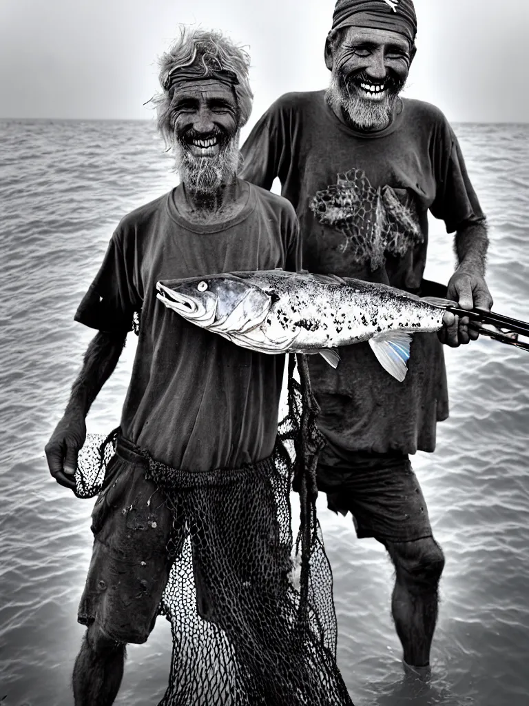 Image similar to an imperfect journalistic portrait of a fisherman, after he has caught a fractal cluster of chimeric biomechanical humans in his net. he grins proudly, baring his gargantuan razor sharp teeth like blades of a professional food processor