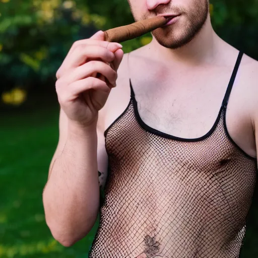 Prompt: A full shot portrait of a young man in a Netted Fishnet Mesh Tanktop wearing a golden diamond crown smoking a cigar on a sunny day in the park, 35mm, 4K, studio lighting